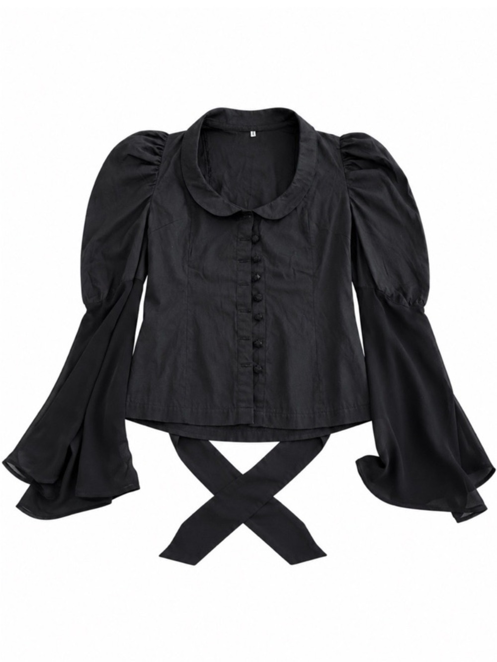 Black Puff-Sleeve Tie-Back Button Down Blouse